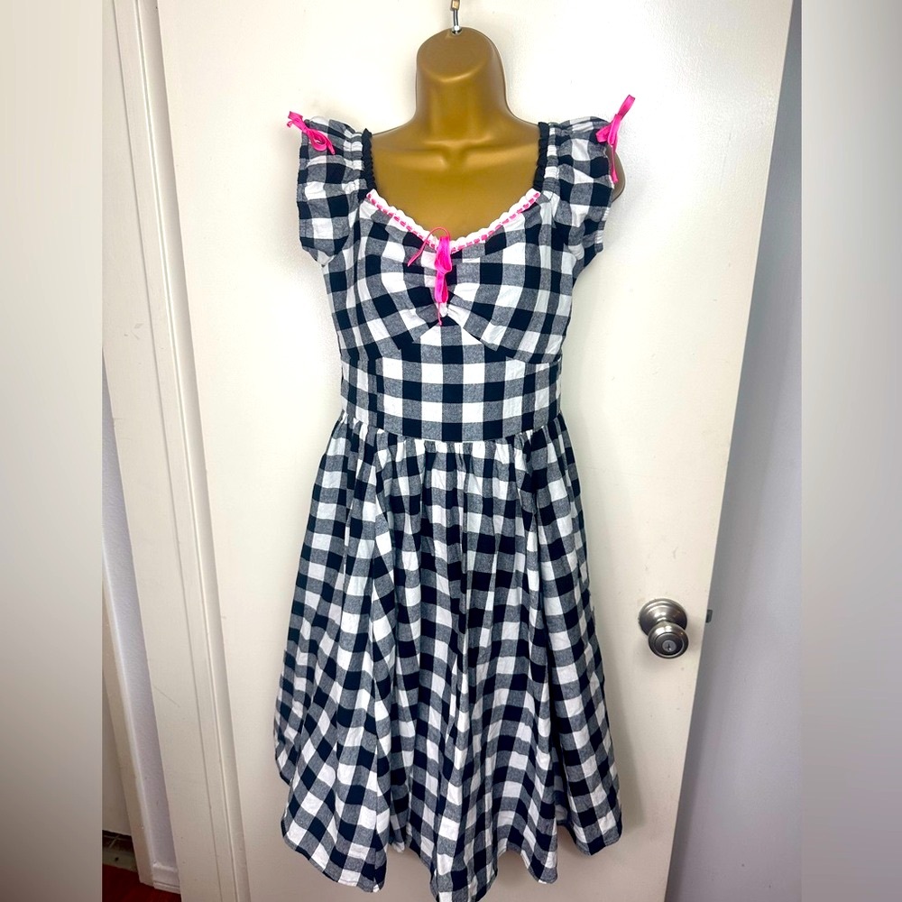 Unique Vintage Black White Gingham Lace Trim Pink Bows Pinup Retro Dress‎ NWOT M